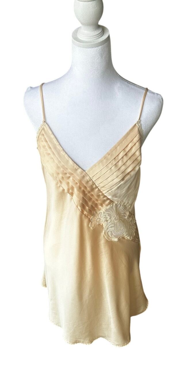 Vintage Lily of France Satin & Lace Slip Dress Lingerie Yellow Boudoir Medium
